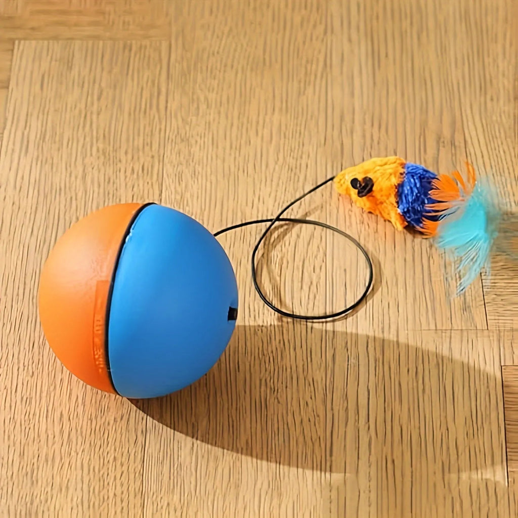 Interactive grey and orange cat toy ball plush mouse measuring 8.5 x 8.5 x 9 cm