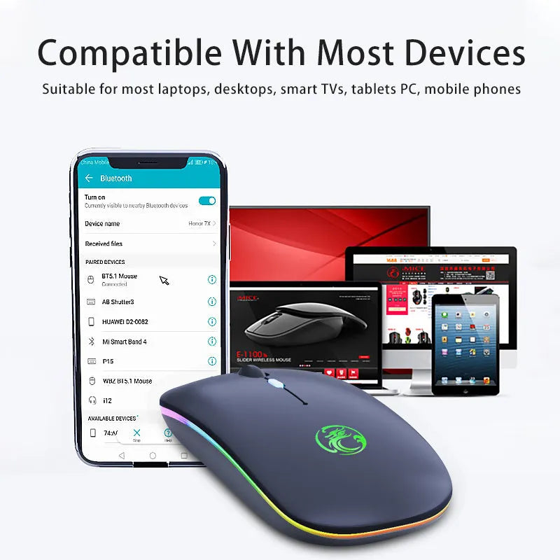 Black or white dual-mode wireless silent mouse with charging cable and adjustable DPI settings