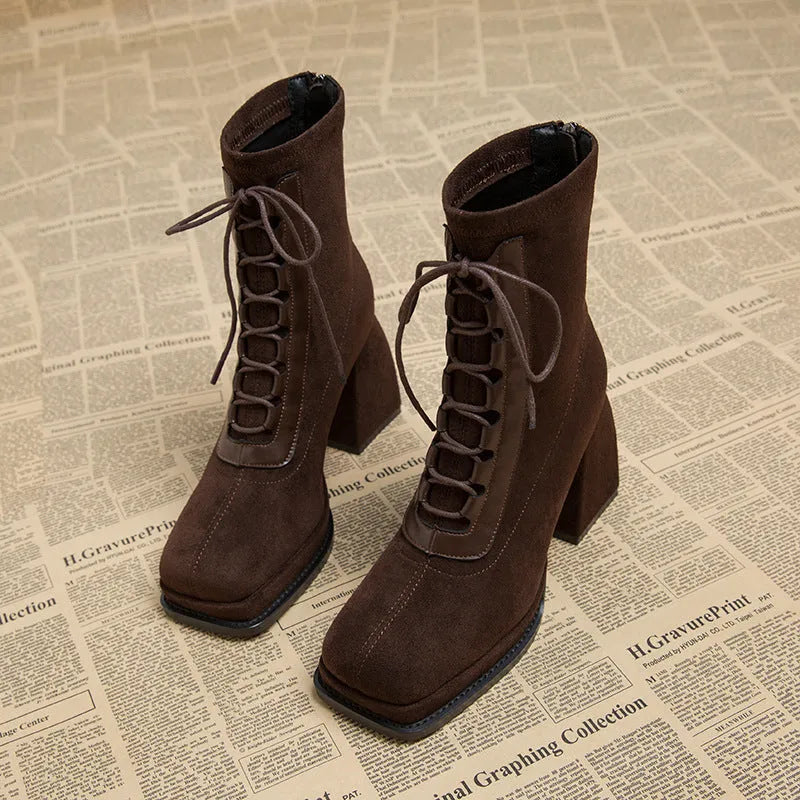 Women's ultra-high heel short Martin boots in black, 6-8 cm heel, leather lining, hollow-out detail, size 34-39