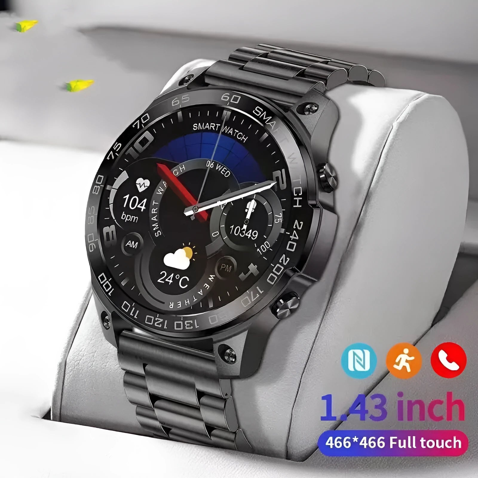 Round Bluetooth smartwatch with AMOLED screen on a silicone strap, showing fitness stats.