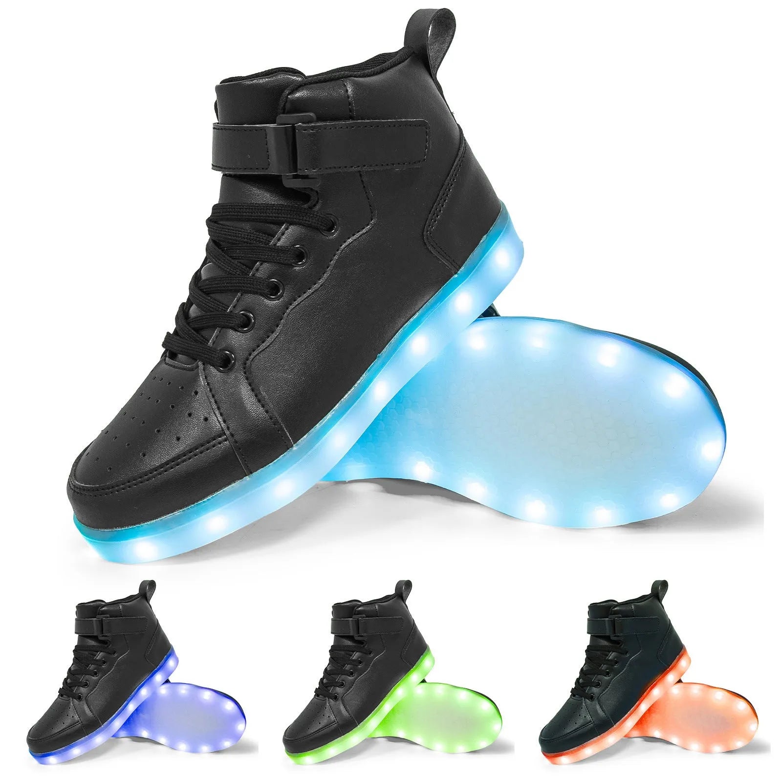 LED light-up high-top board shoes with Velcro strap, shown in multiple colours.
