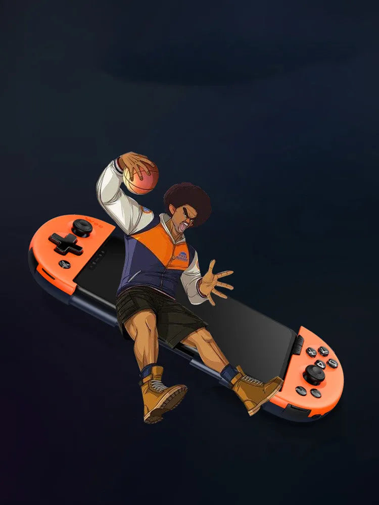 Feizhi Wee 2T stretchable mobile game controller in blue or orange, showing USB plug.