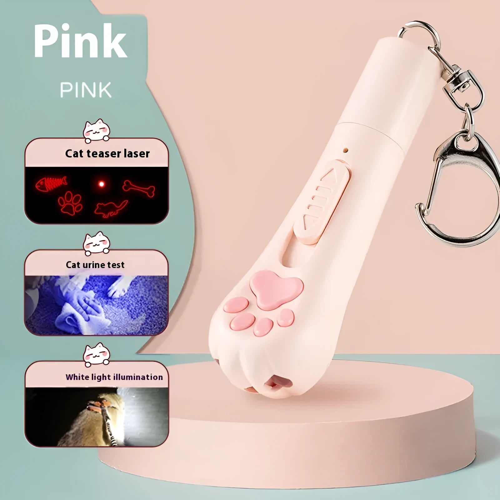 USB rechargeable cat teaser wand with LED lights in pink, cream, or sky blue
