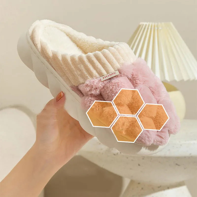 Plaid plush indoor slippers with artificial wool lining and non-slip PVC sole in grey, pink, coffee, green or white