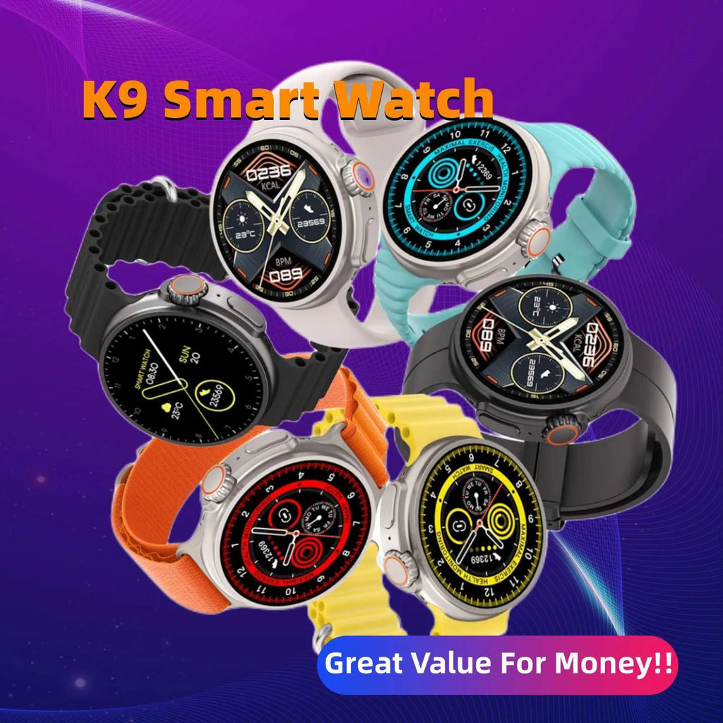 K9 smart watch with 1.39 inch round screen, zinc alloy case, silicone strap, and wireless charging