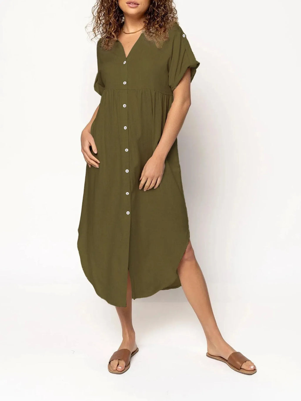 Women's button-front casual midi dress in polyester fabric with loose fit and regular sleeves