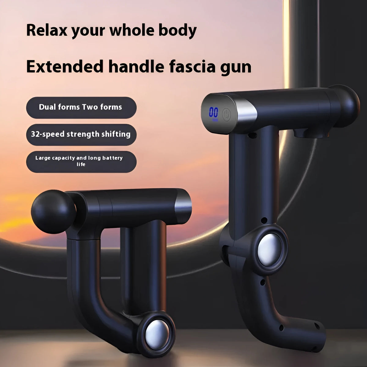 Long handle folding massage gun in black or grey with LED screen and multi-gear adjustment, brushless motor, portable design.