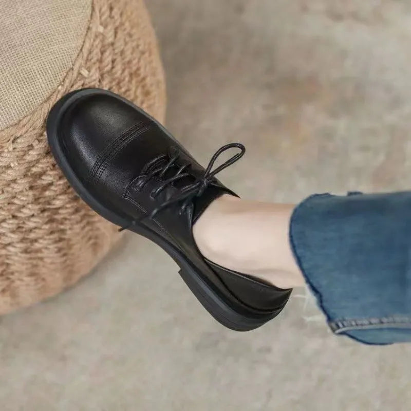 Slimming low heel British leather shoes for women, platform cross strap round toe, black and dark brown, sizes 35-40