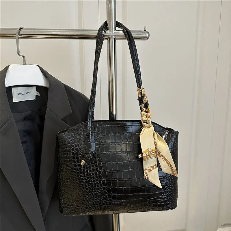 Large capacity PU handbag with crocodile pattern and sewing thread detail, horizontal square shape, available in black, coffee, orange or white.