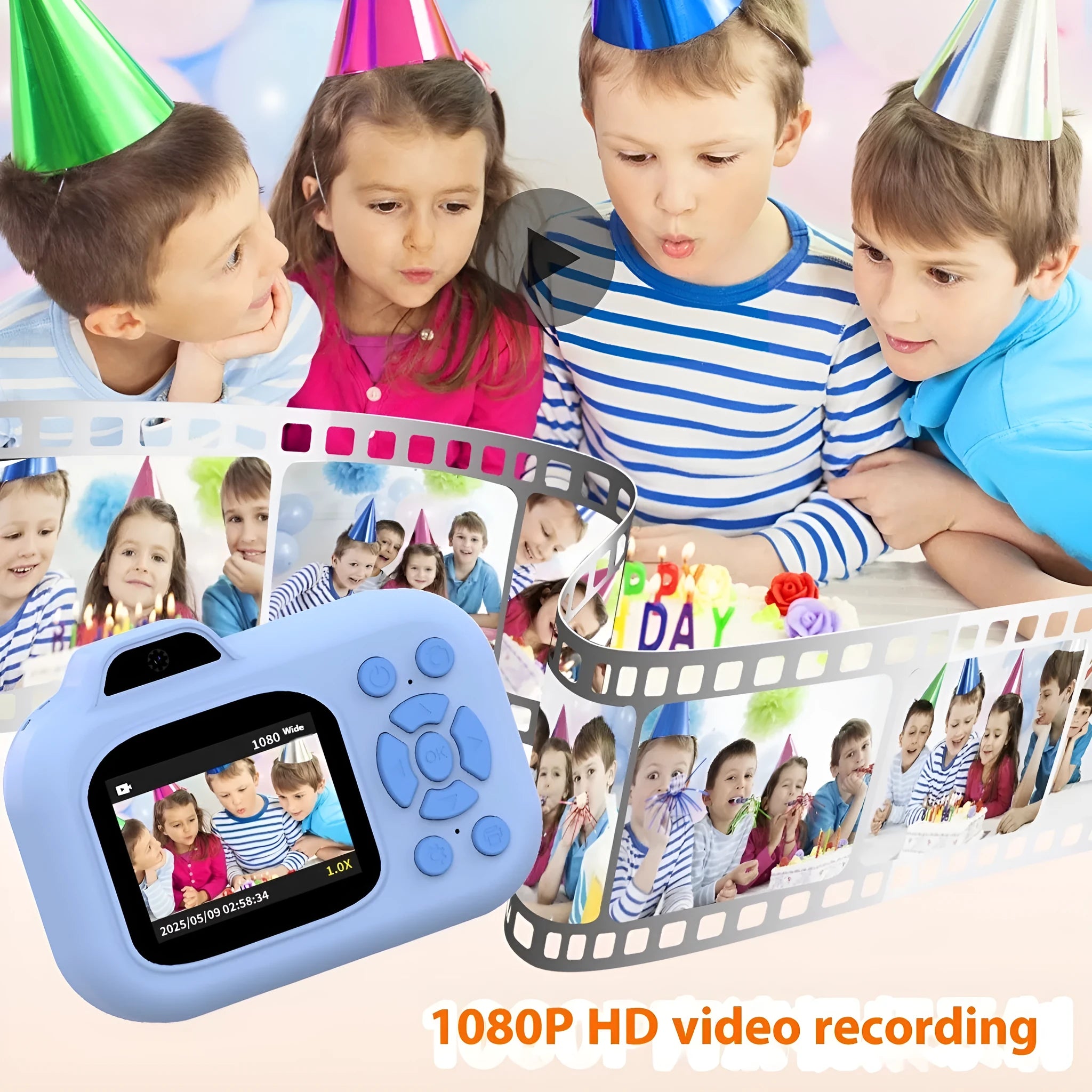 Children's plastic camera in blue colour with video recording and game functions