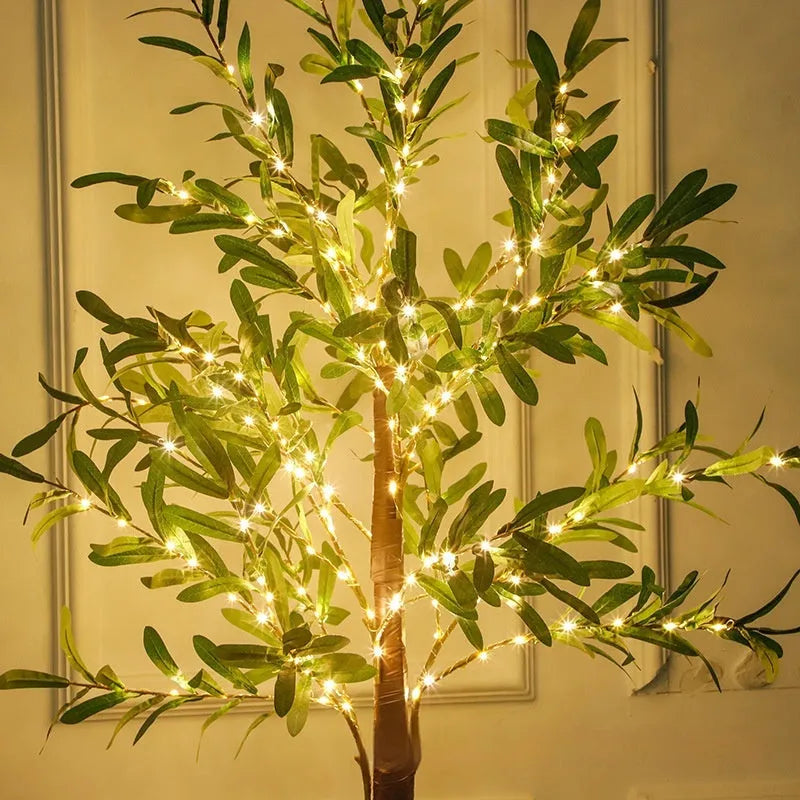 1.8 metre tall simulation olive leaf tree lamp with warm white LED lights illuminating olive branches for courtyard decoration