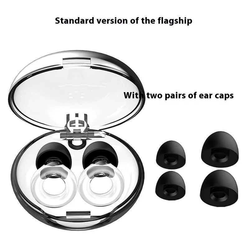 Set of coloured silicone sleep earplugs in gold, silver, purple, rose gold, and transparent with a black storage box.
