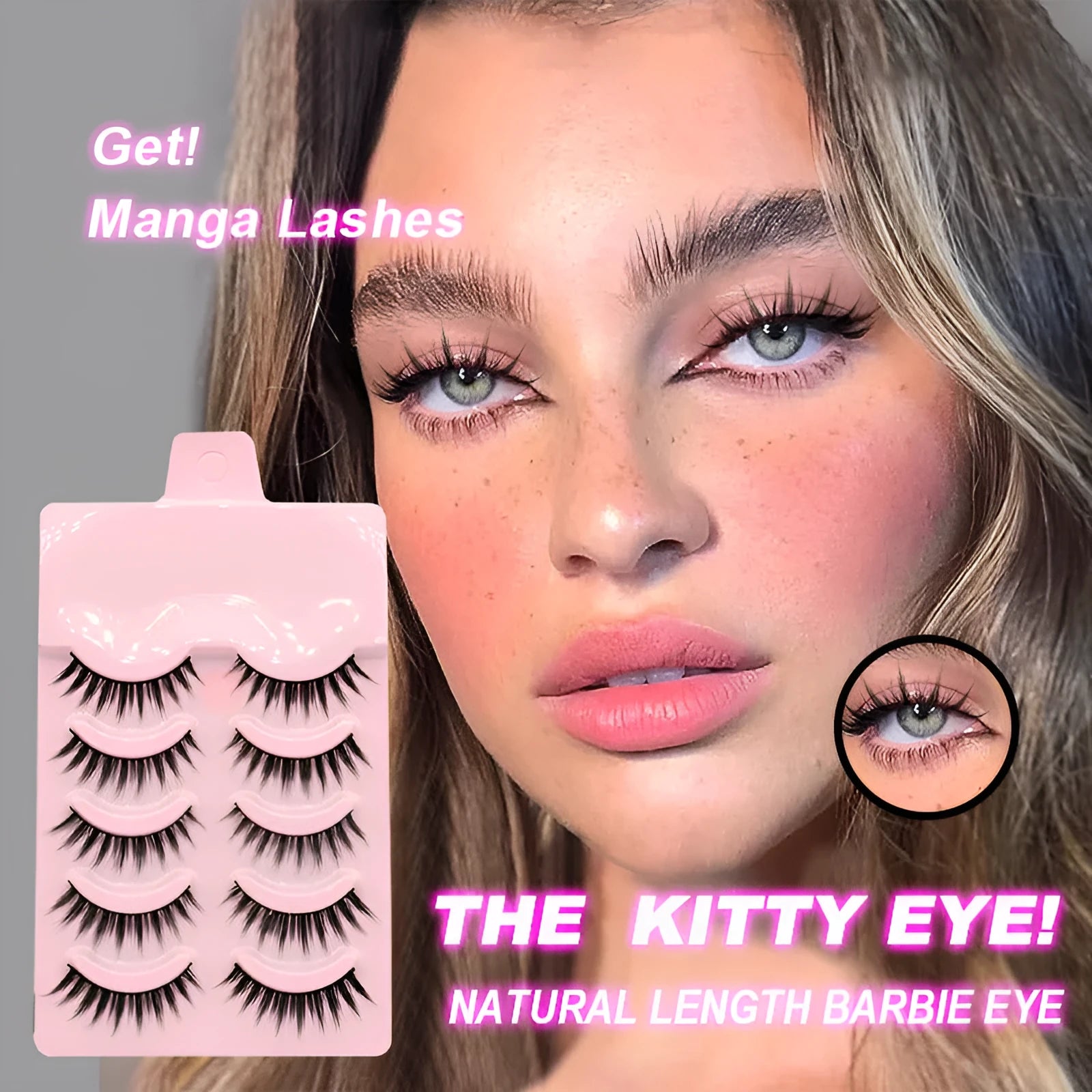 Manga style false eyelashes set showing natural wispy 007, 008 and 009 styles for anime cosplay