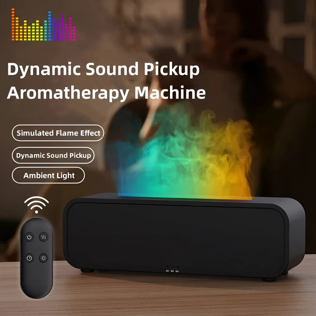 Flame Dynamic USB essential oil diffuser with remote control showing colour-changing lights