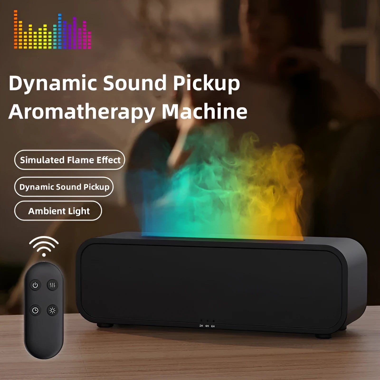Flame Dynamic USB essential oil diffuser with remote control showing colour-changing lights