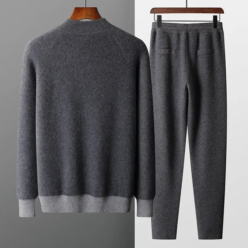 Men's cashmere wool blend knitted cardigan suit with half turtleneck zip front and matching trousers