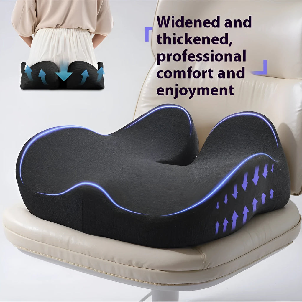 Light grey memory foam office chair cushion on a wooden chair seat.