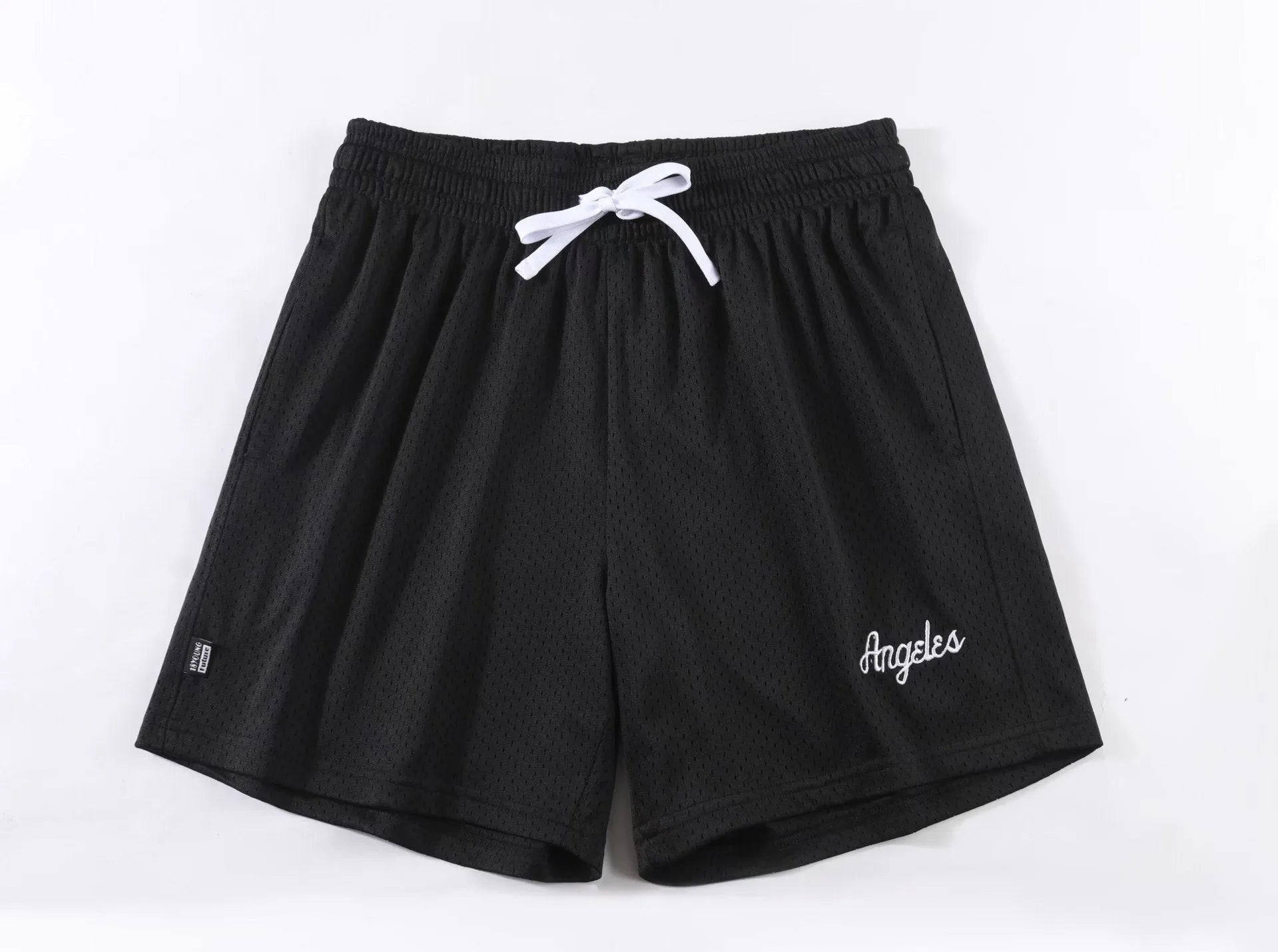 Men's black double-layer mesh sports shorts on a white background.