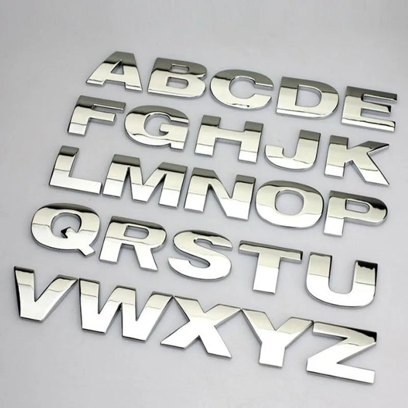 3D metal zinc alloy car bumper sticker letters in black and silver, showing raised 2.5cm design