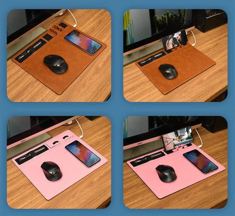 Pink wireless charging mouse pad with integrated mobile phone holder on a wooden desk