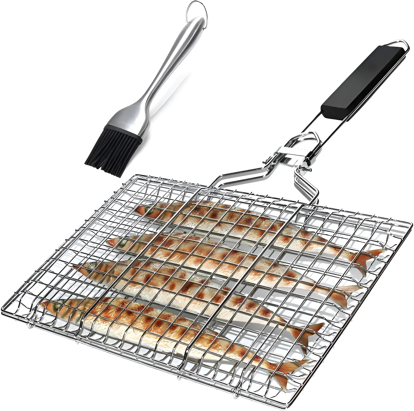 Square stainless steel folding barbecue mesh basket for grilling food outdoors.