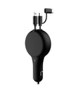 Black retractable car charger unit with two extended cables plugged into a vehicle's 12V socket.