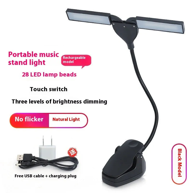 Black music stand light with 28 LED beads clipped to metal music stand