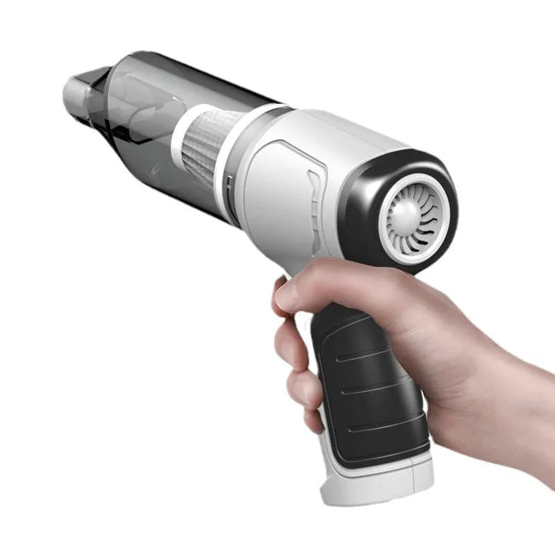 Handheld car vacuum cleaner with wireless charging dock in gold finish, showing compact 165x140x90mm dimensions