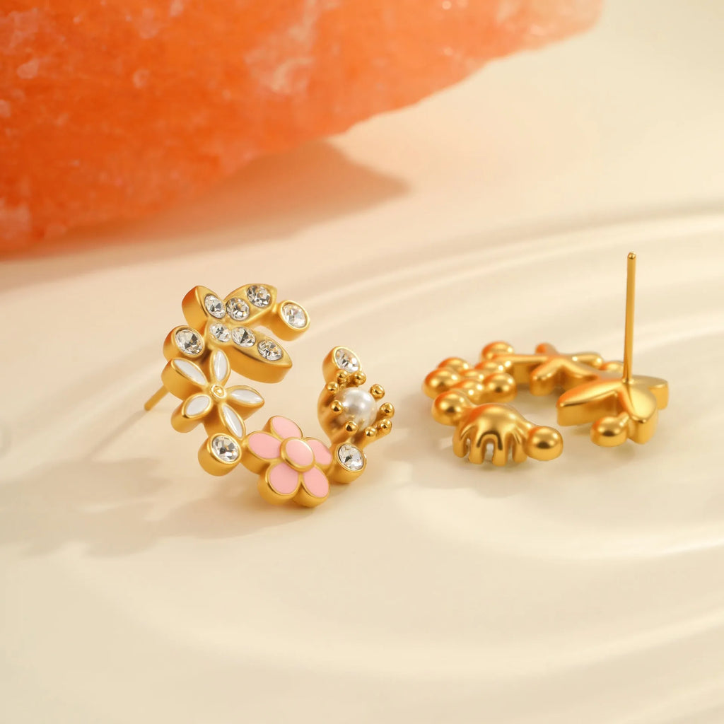 Gold-plated flower stud earrings with colourful oil diamond centre and petal design on stainless steel