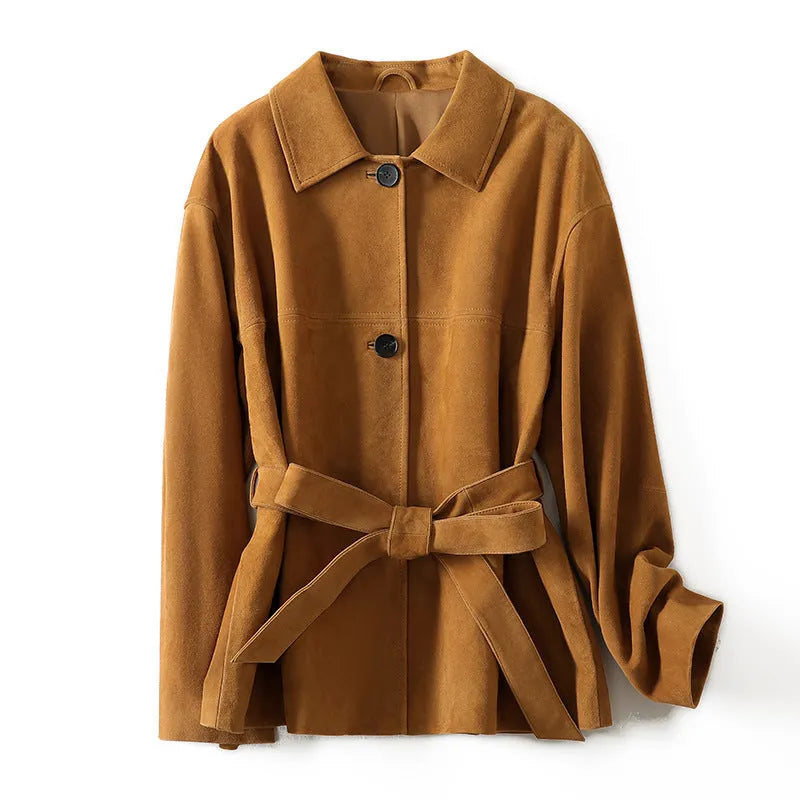French retro mid-length cashmere coat with peter pan collar and belt in caramel brown colour