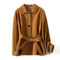 French retro mid-length cashmere coat with peter pan collar and belt in caramel brown colour