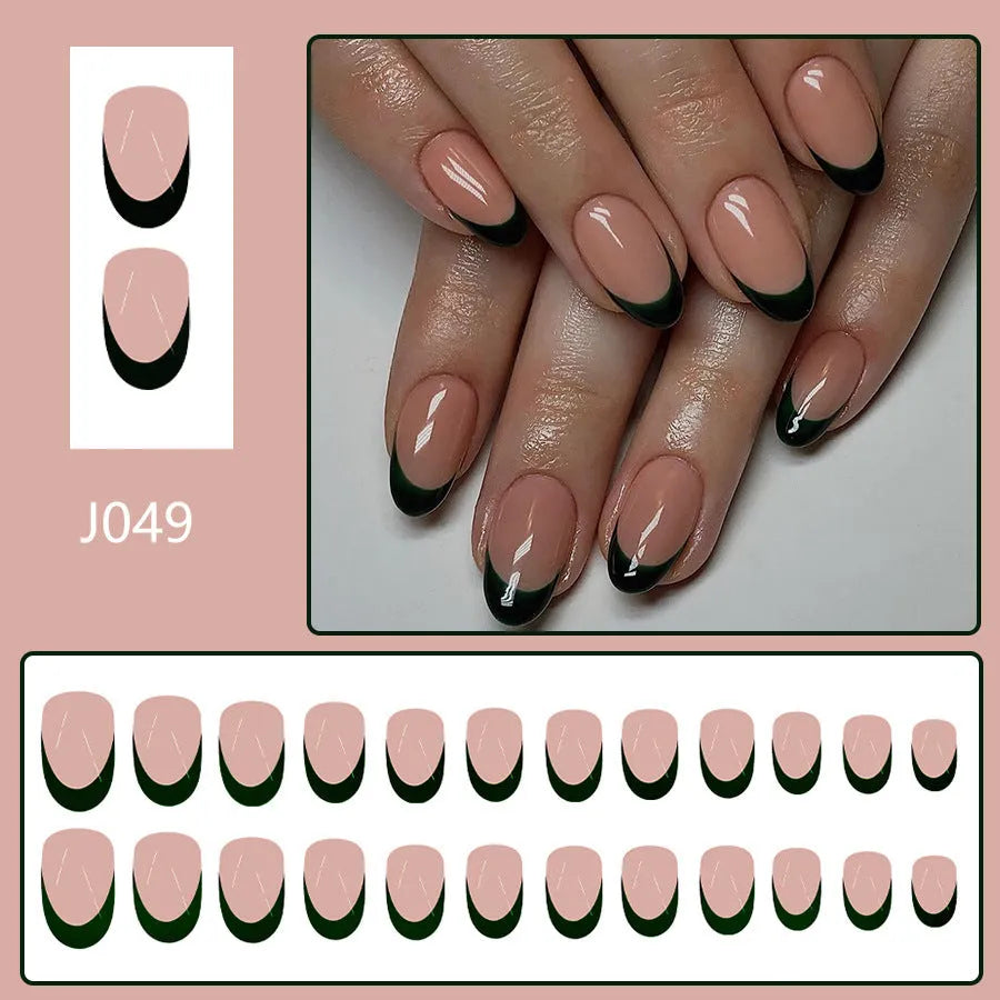 Black French style almond shaped short artificial nails 24 piece set for DIY manicure