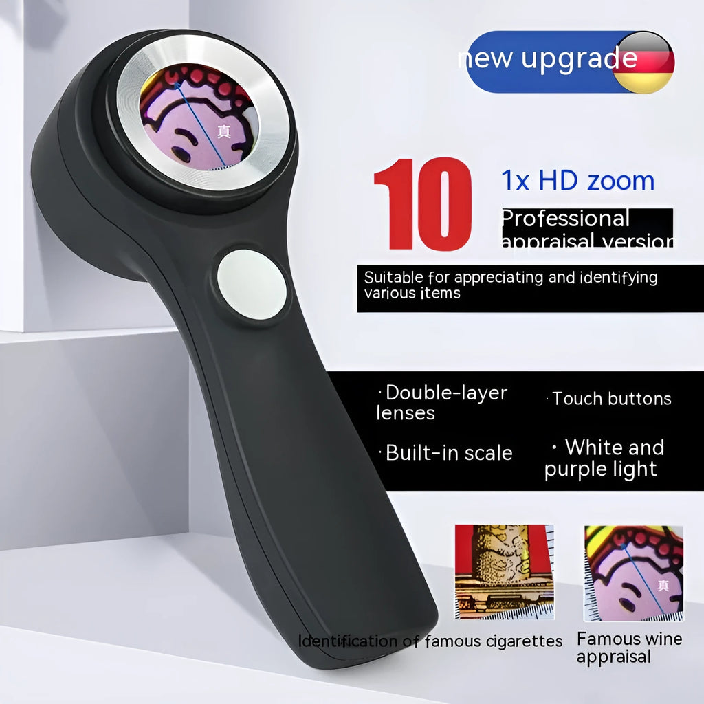Black and silver USB-C rechargeable magnifying glass for jewellery and collectable appraisal.