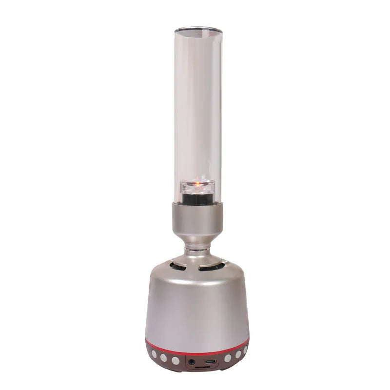 White silver Bluetooth speaker with candlelight-style atmosphere night light, 277mm tall