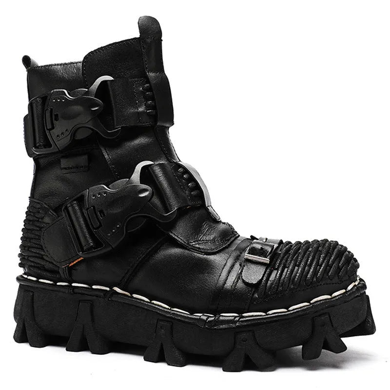 Men's cowhide motorcycle boots, mid-calf lace-up, black or brown leather upper, rubber sole