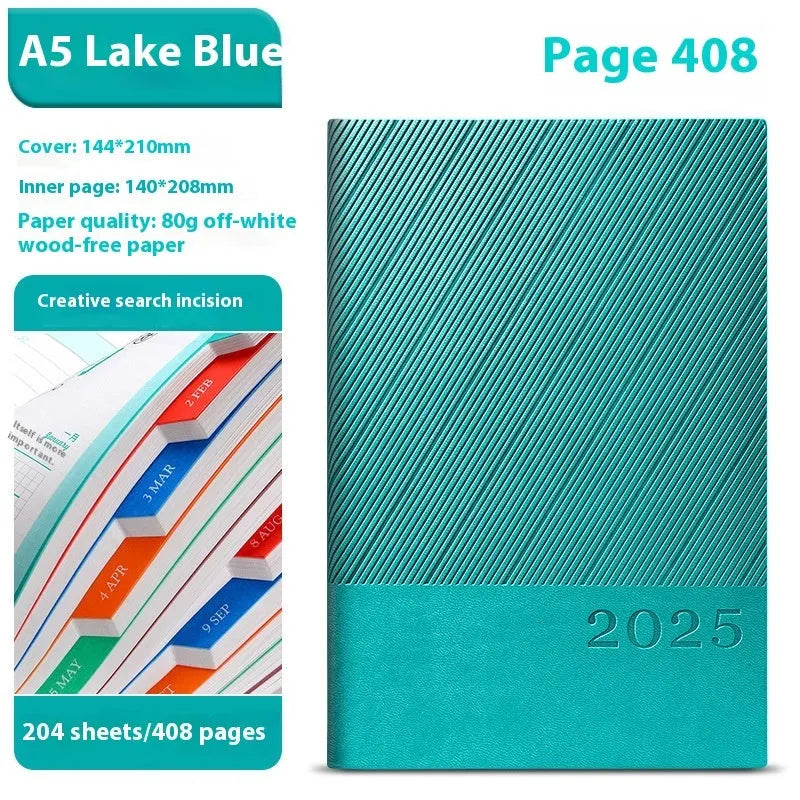 A4 notepad with striped PU leather cover open to show 80g wood-free paper pages