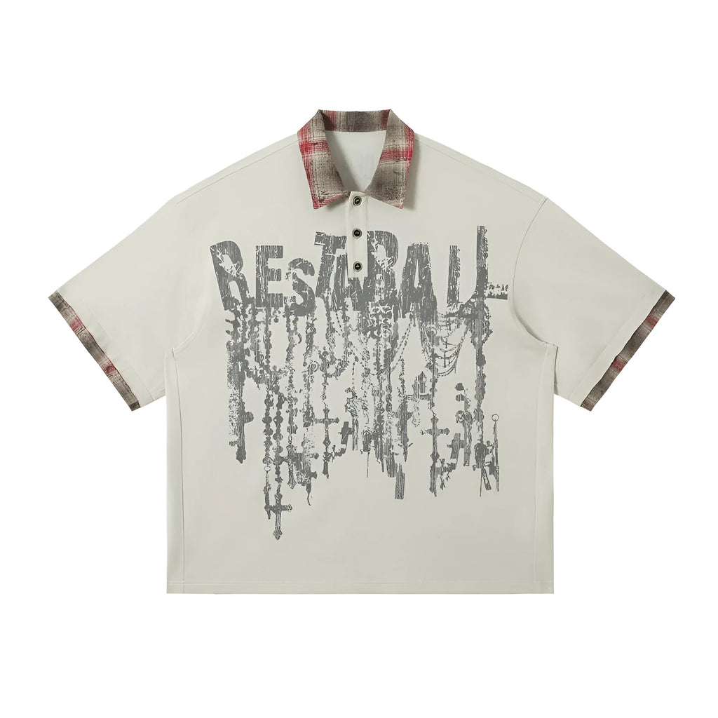 Men's loose fit short-sleeved cotton top with asymmetric graffiti printing on the lapel, in wild red colour.