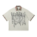 Men's loose fit short-sleeved cotton top with asymmetric graffiti printing on the lapel, in wild red colour.