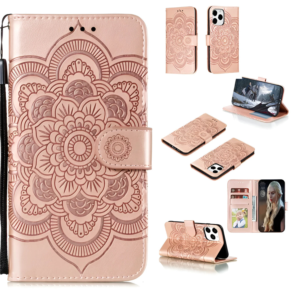 Mandala mobile phone leather case with card insertion, lanyard, bracket and magnetic suction for selected iPhone models