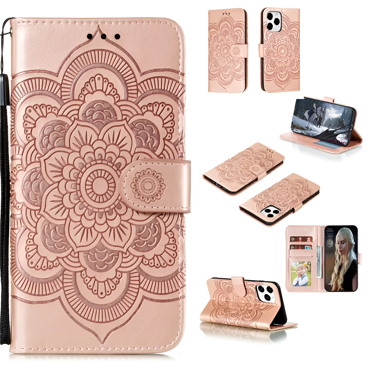 Mandala mobile phone leather case with card insertion, lanyard, bracket and magnetic suction for selected iPhone models