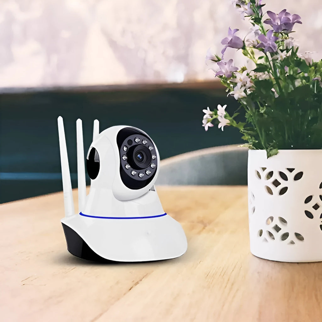White dome-style wireless security camera with 2MP resolution for indoor and outdoor monitoring