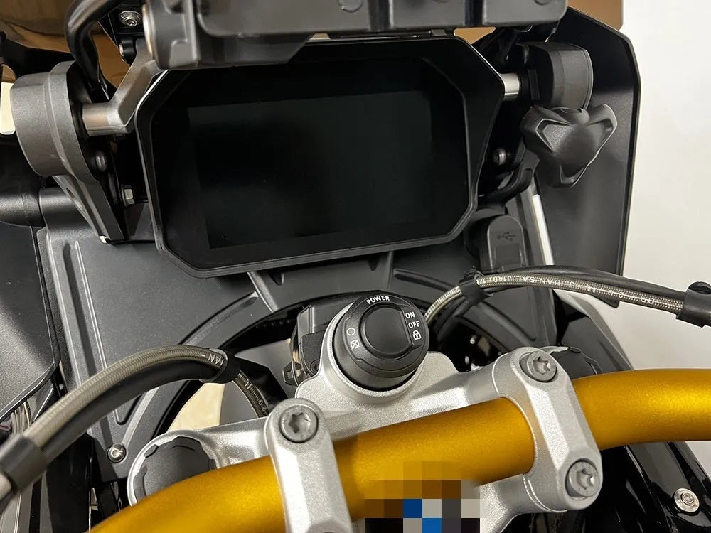 Black motorcycle cockpit fairing accessory for BMW R1250GS and R1200GS LC models