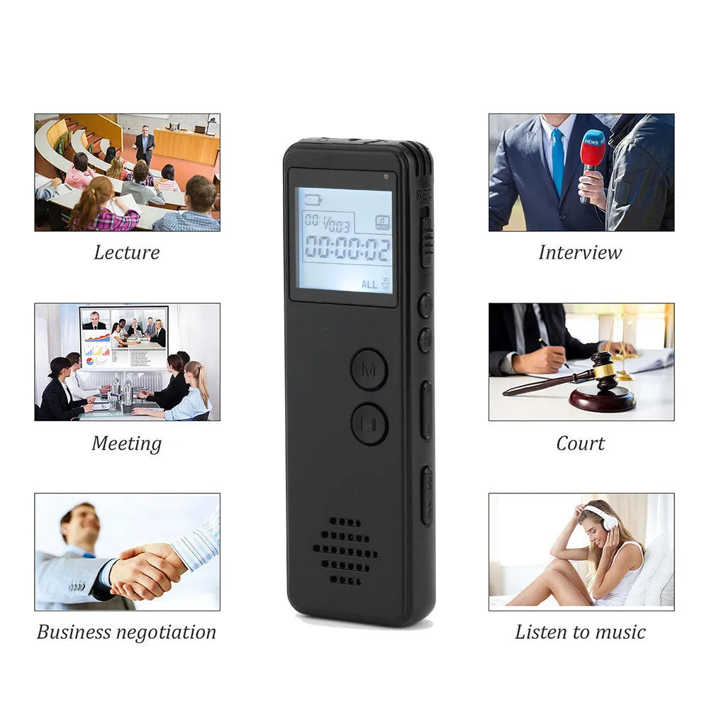 Black MP3 digital voice recorder with display screen showing recording time