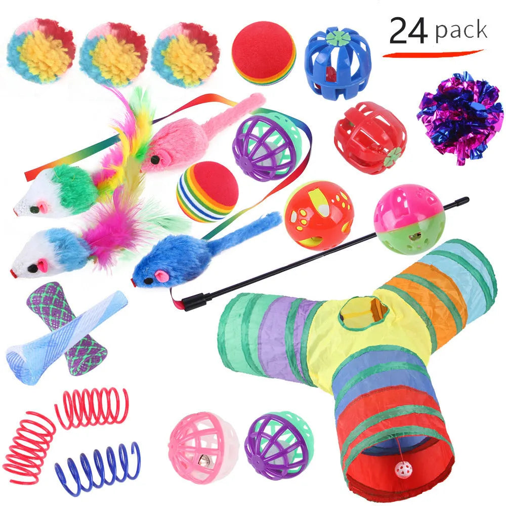 Plastic cat tunnel tube toy in an assorted colour with random accessories for feline play.
