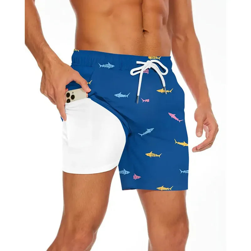 Men's loose fit polyester beach pants in a solid colour on a size chart background.