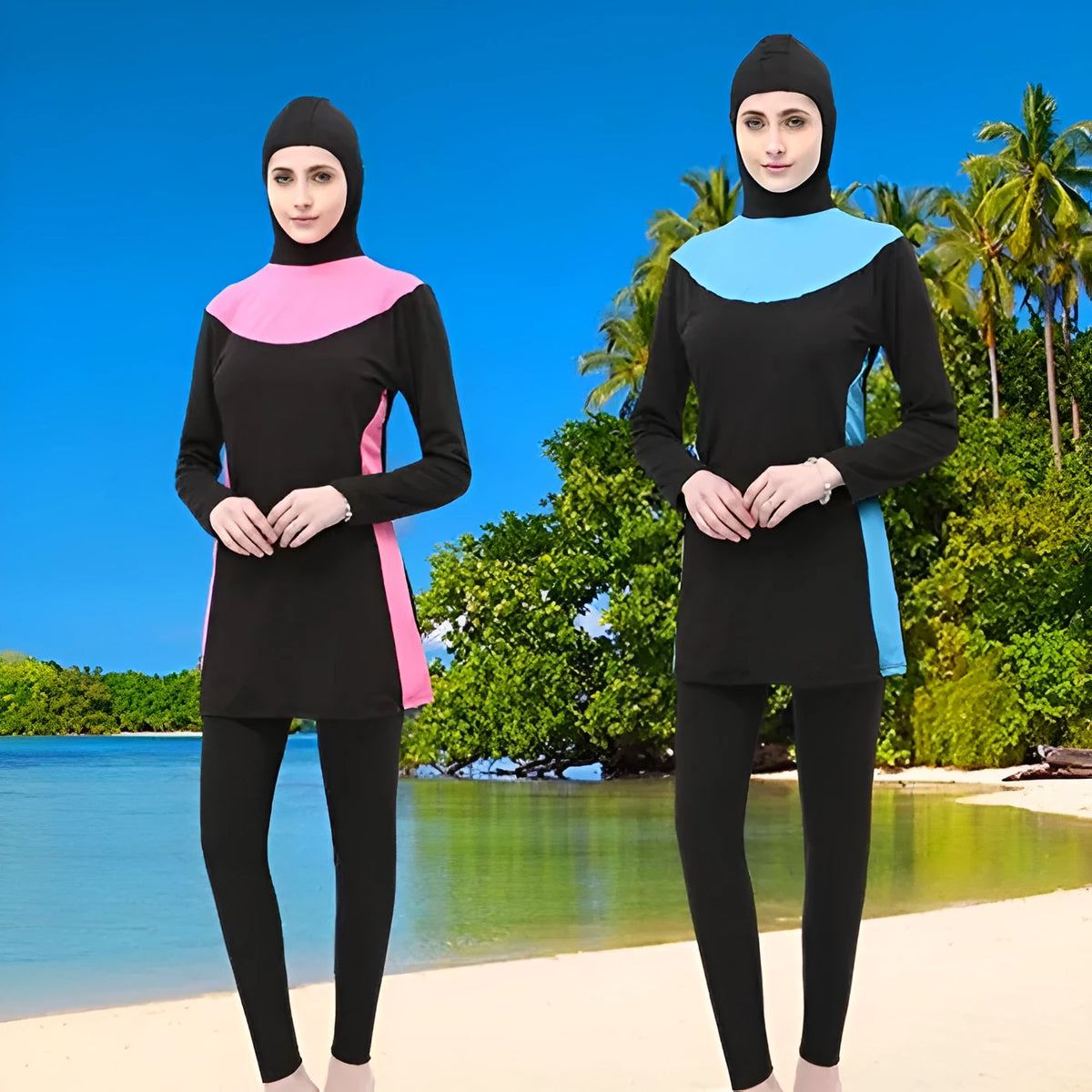 Conservative women's hooded swimsuit with long sleeves in black with coloured trim