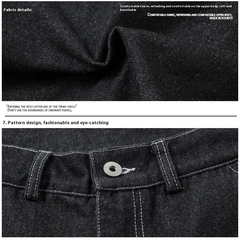 Black pleated jeans with multiple pockets, mid-waist design, and zip placket closure