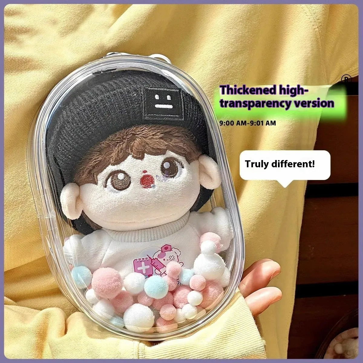 Clear PVC cube-style storage bag for cotton dolls, postcards, and collectibles in 13cm, 17cm, and 23cm sizes.