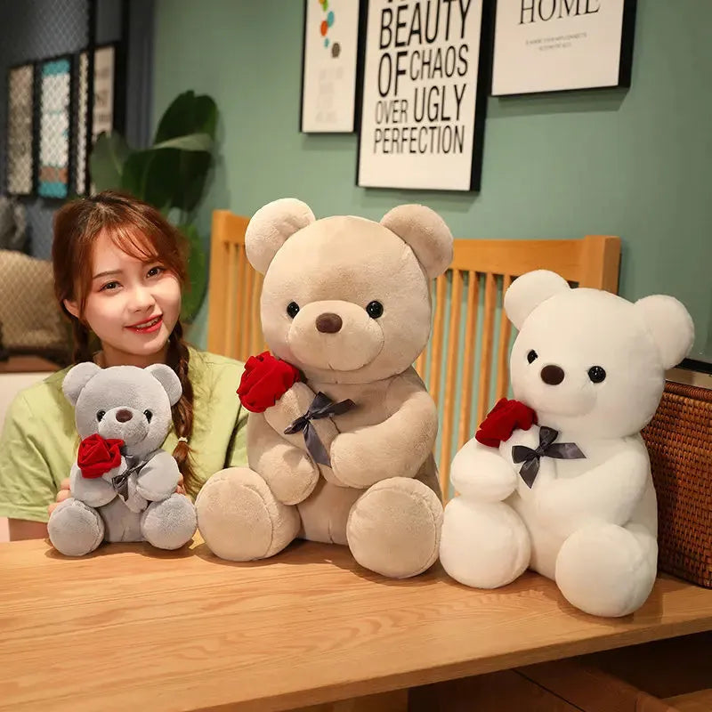 Rose bear plush doll in beige, brown, or grey colour with soft short plush fabric and cartoon design