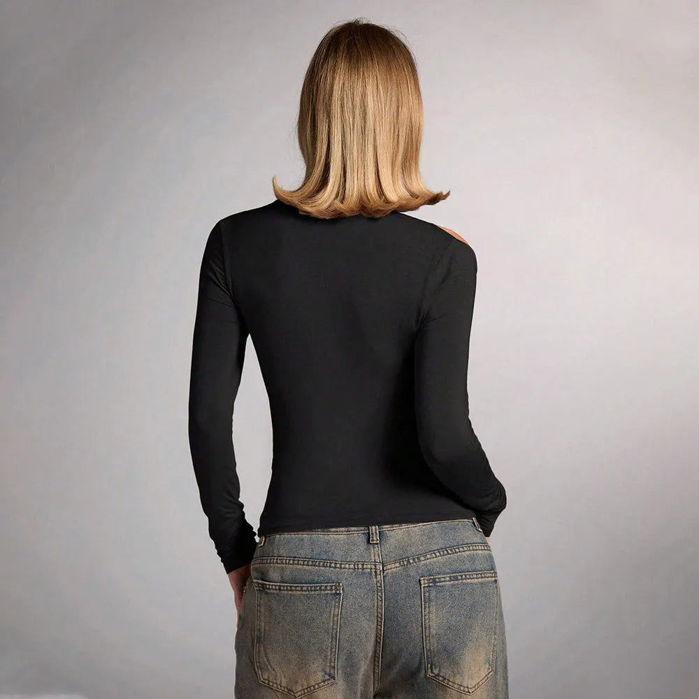 Black women's halter top with slim fit and shoulder-baring neckline.